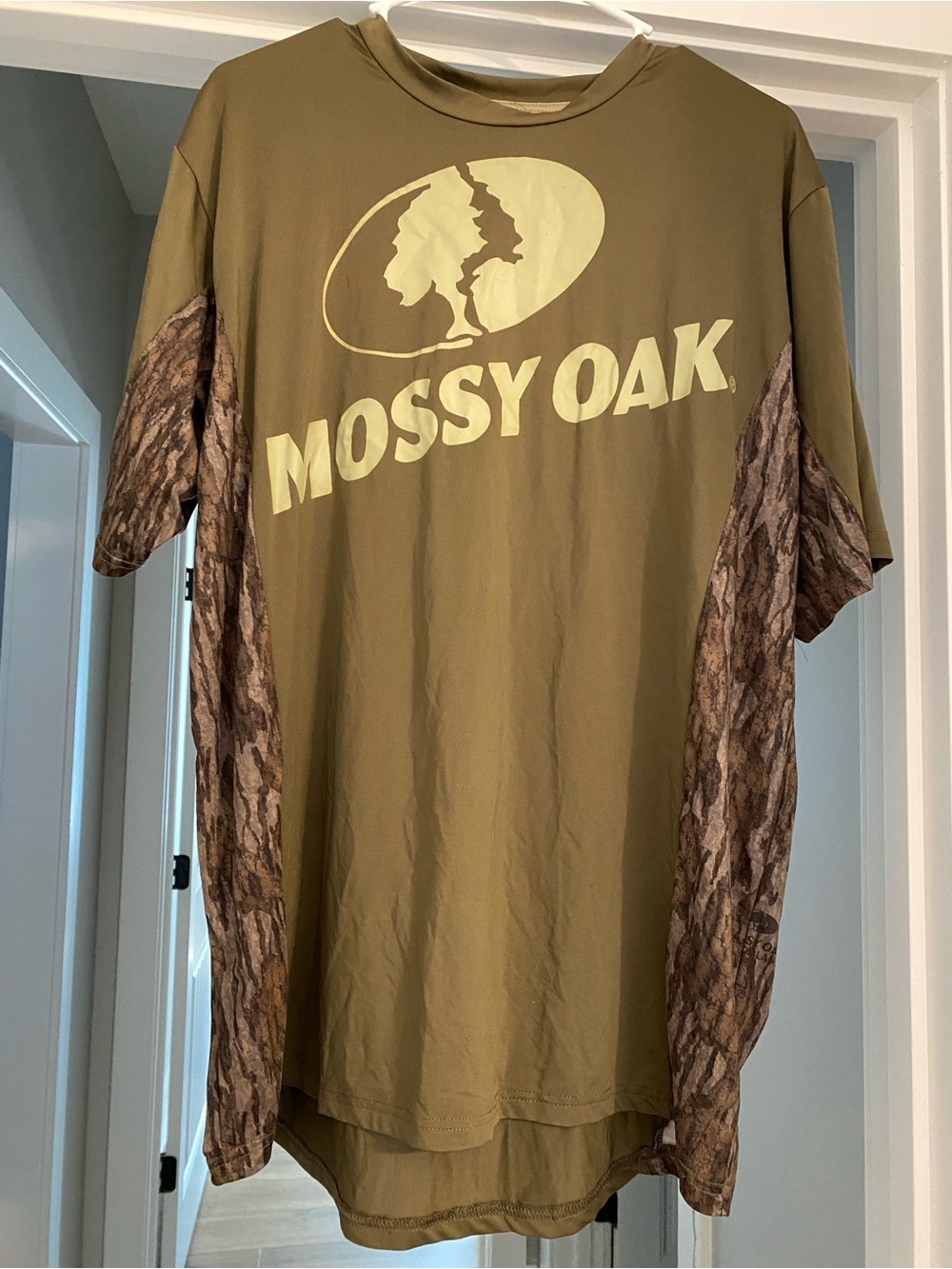 Mossy Oak Olive Green Short Sleeve Logo Tee with Camo Panels